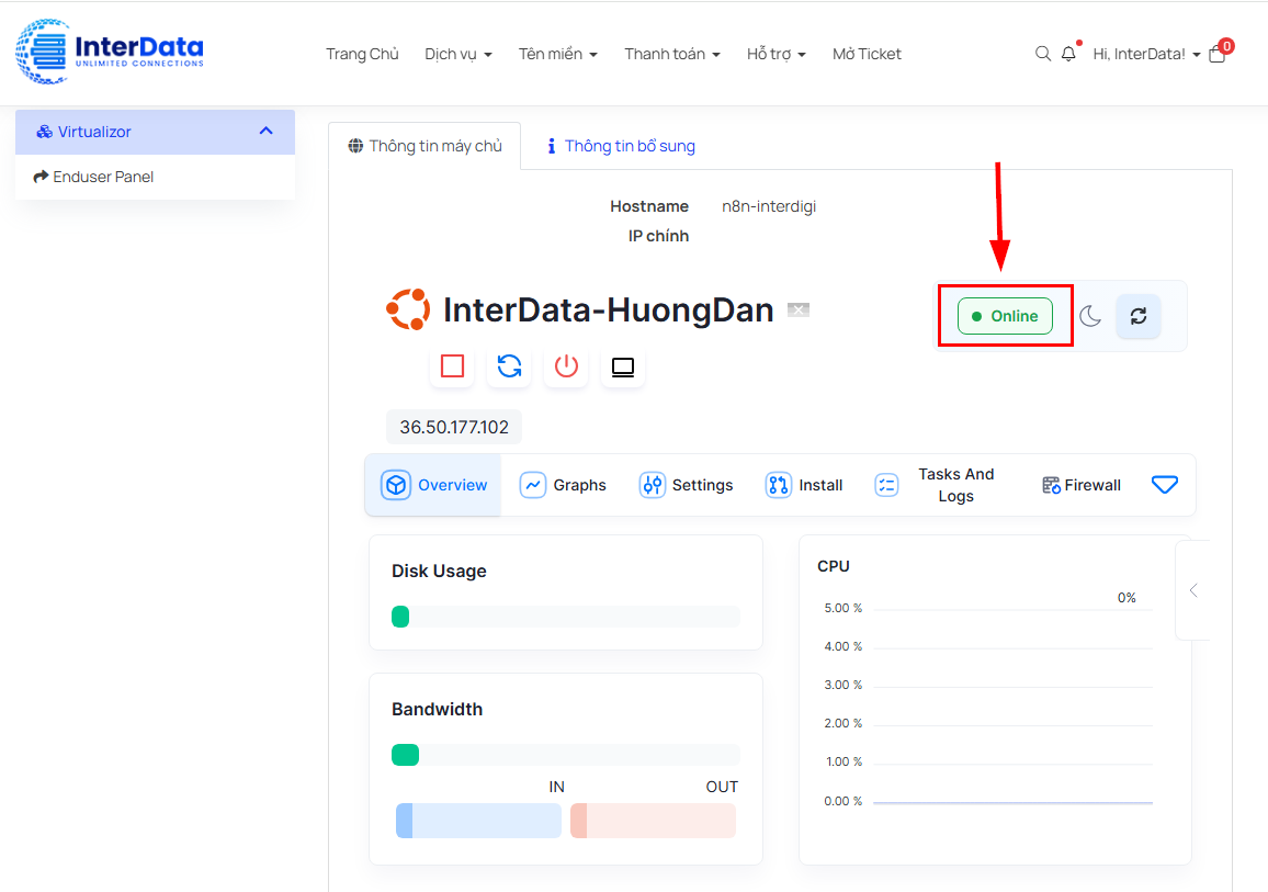 Hướng dẫn kiểm tra trạng thái VPS ON/OFF tại InterData 4 Trạng thái Online tại giao diện thông tin máy chủ