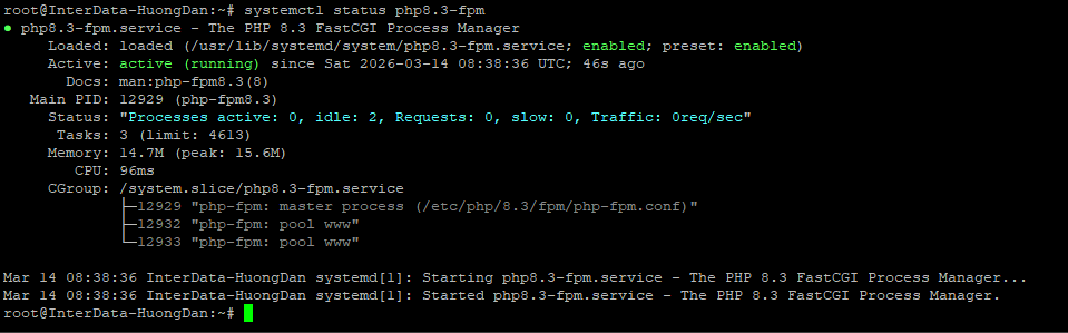 Trạng thái cài đặt PHP-FPM 8.3 thành công