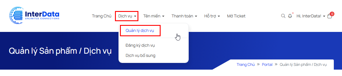 Hướng dẫn kiểm tra trạng thái VPS ON/OFF tại InterData 2 Truy cập mục Quản lý dịch vụ