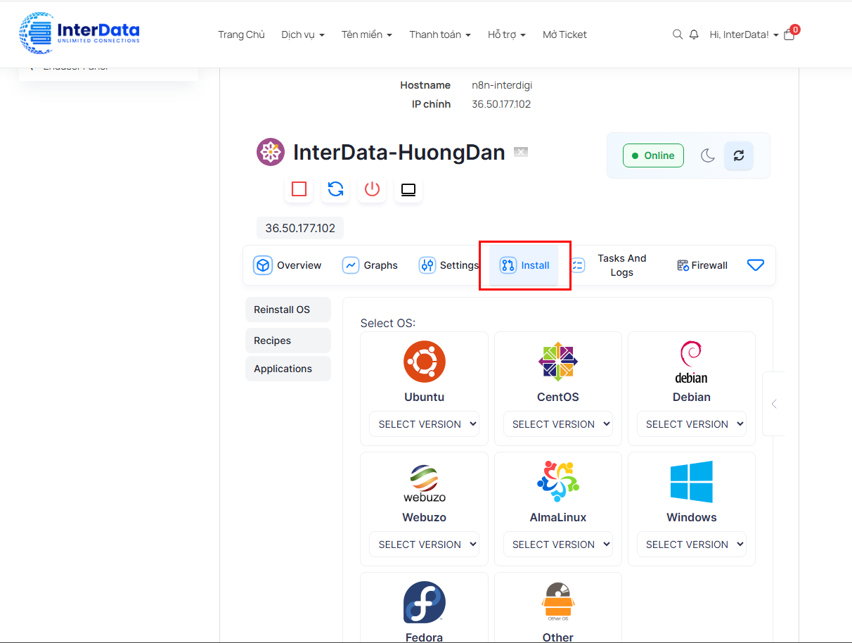 Vị trí nút Install trong Portal quản lý VPS InterData