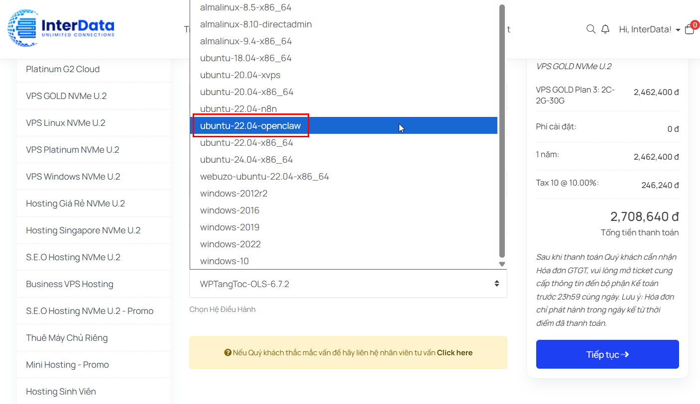 Chọn Template Ubuntu tích hợp OpenClaw