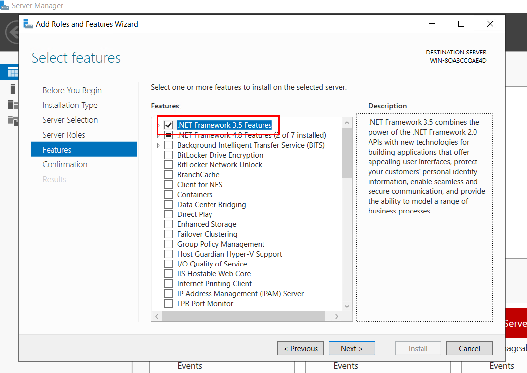Đánh dấu tích vào ô .NET Framework 3.5 Features