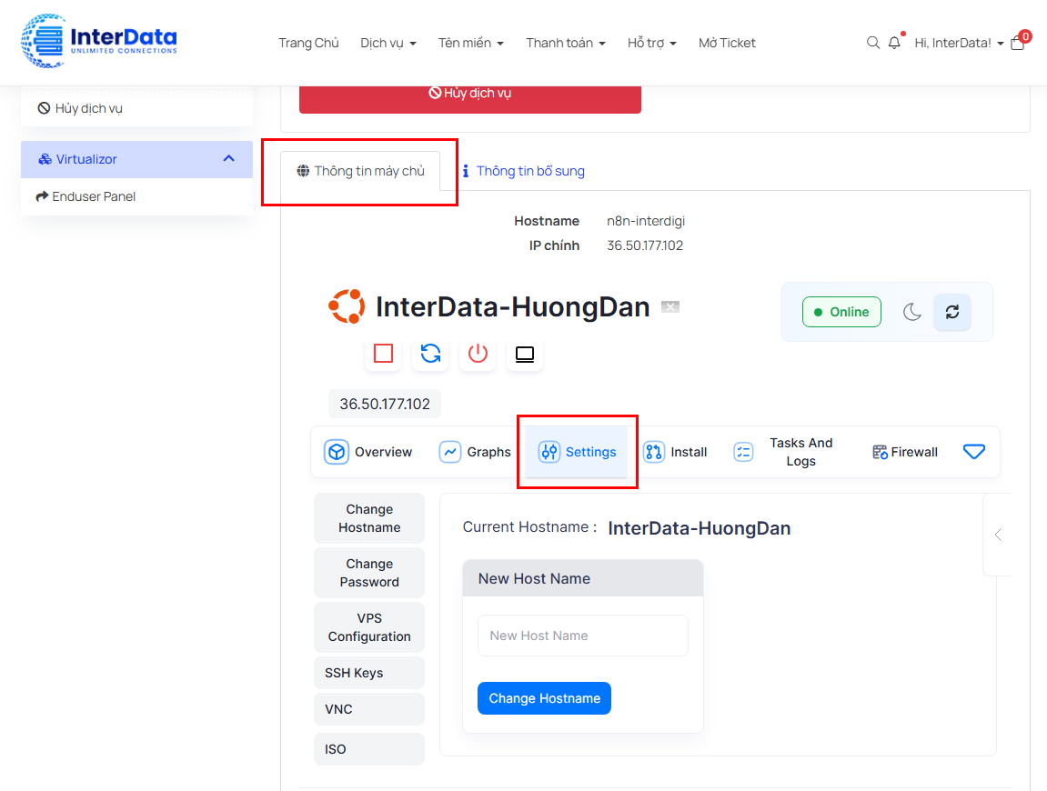 Hướng Dẫn Đổi Mật Khẩu VPS Đơn Giản, Từng Bước 2 Đổi mật khẩu VPS qua portal InterData 1