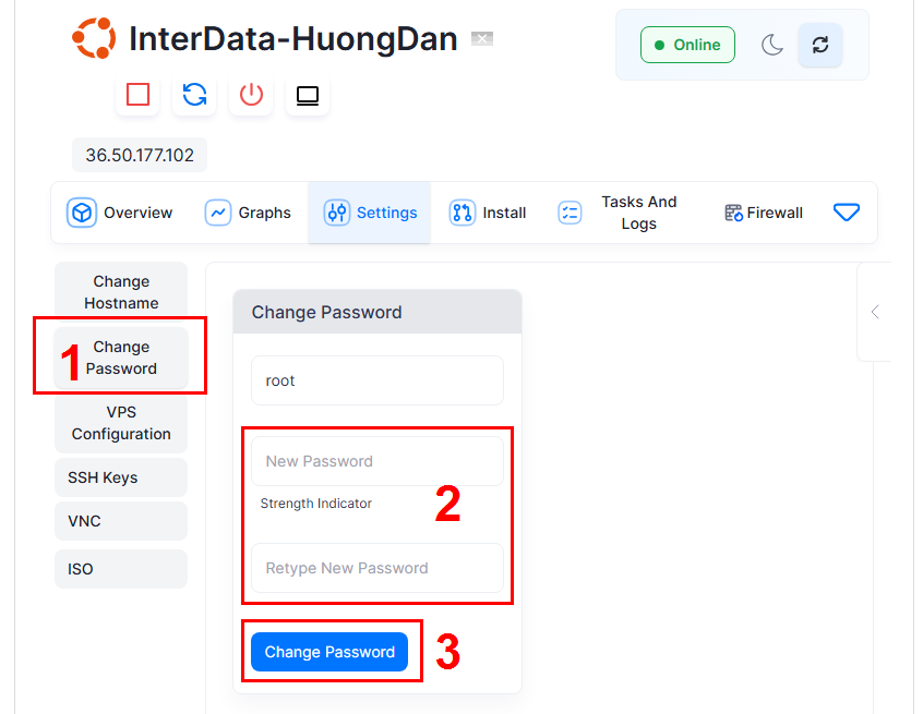 Hướng Dẫn Đổi Mật Khẩu VPS Đơn Giản, Từng Bước 3 Đổi mật khẩu VPS qua portal InterData 2
