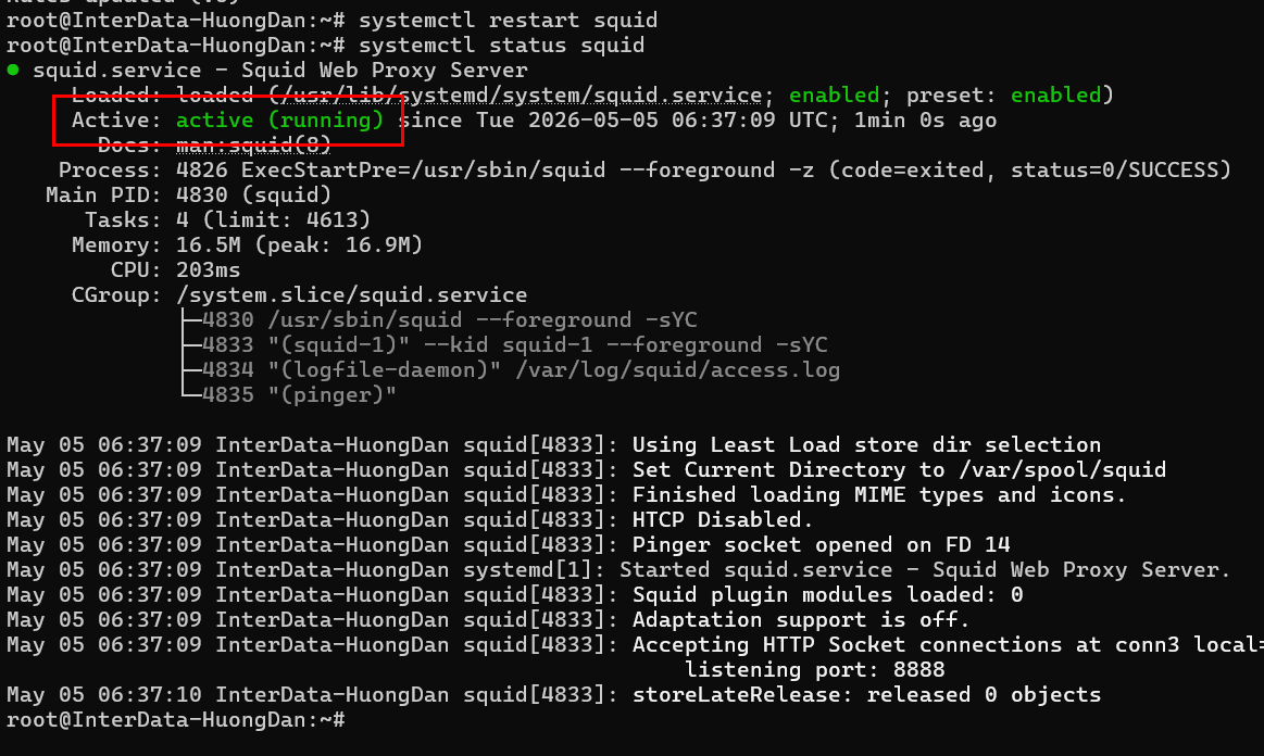 Màn hình terminal thông báo thiết lập Squid Proxy thành công