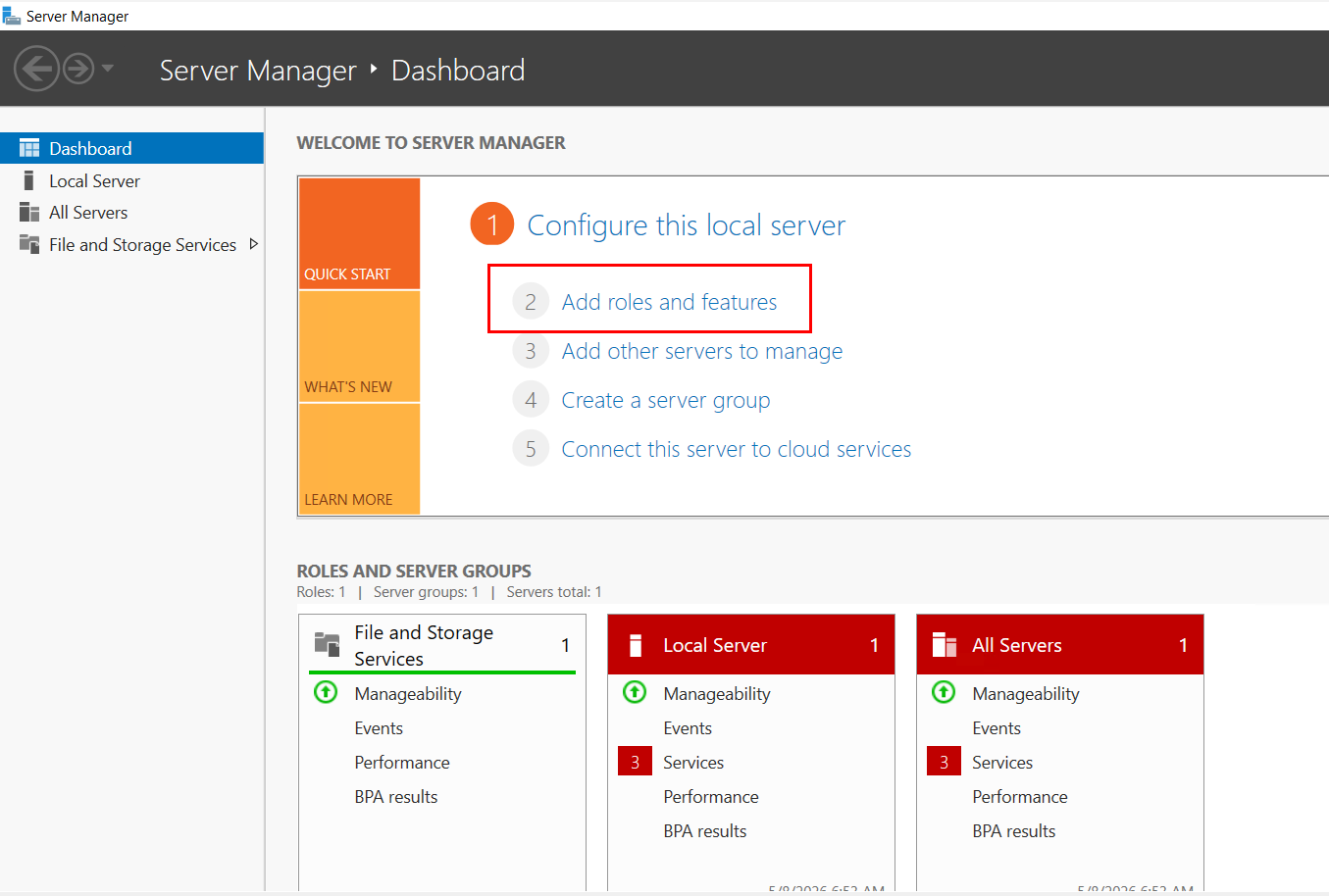 Mở công cụ quản lý Server Manager
