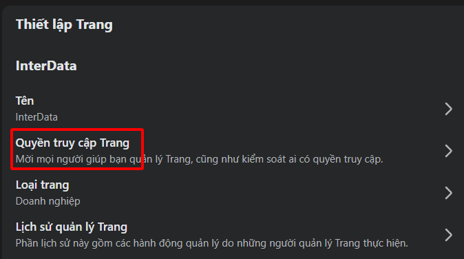 Chọn Quyền truy cập trang