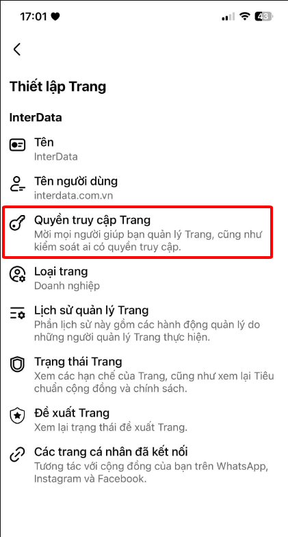 Chọn vào Quyền truy cập trang