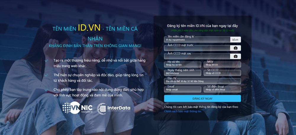 Trang đăng ký tên miền miễn phí của InterData