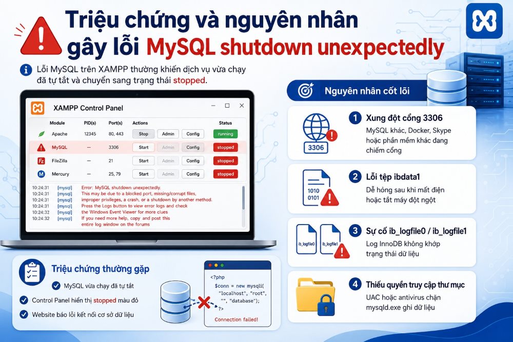 Triệu chứng và nguyên nhân gây lỗi Mysql Shutdown Unexpectedly