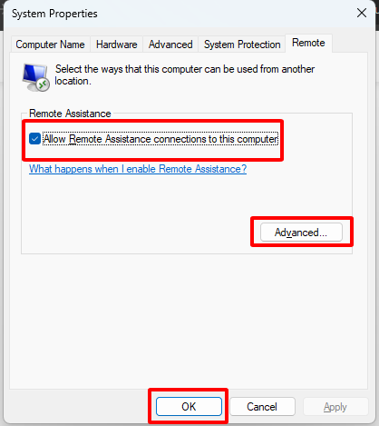 chọn Allow remote connections to this computer
