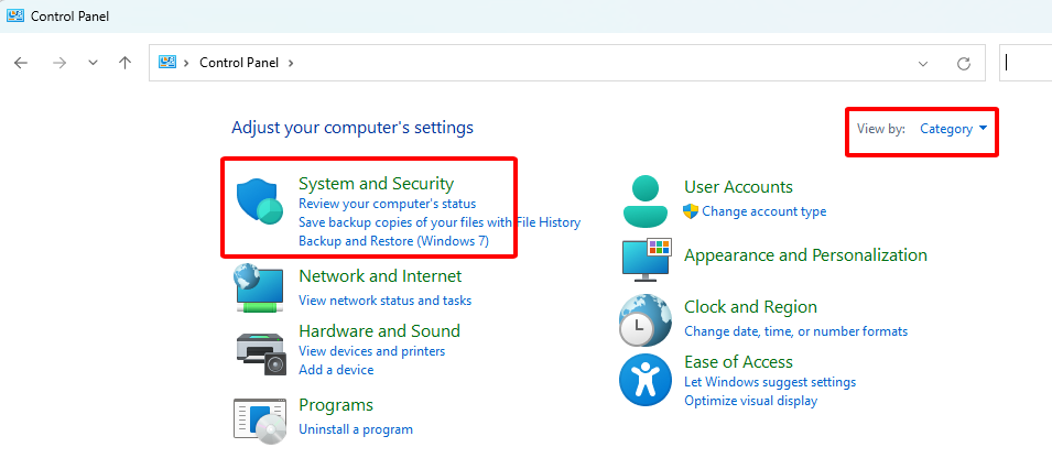 mở System and Security