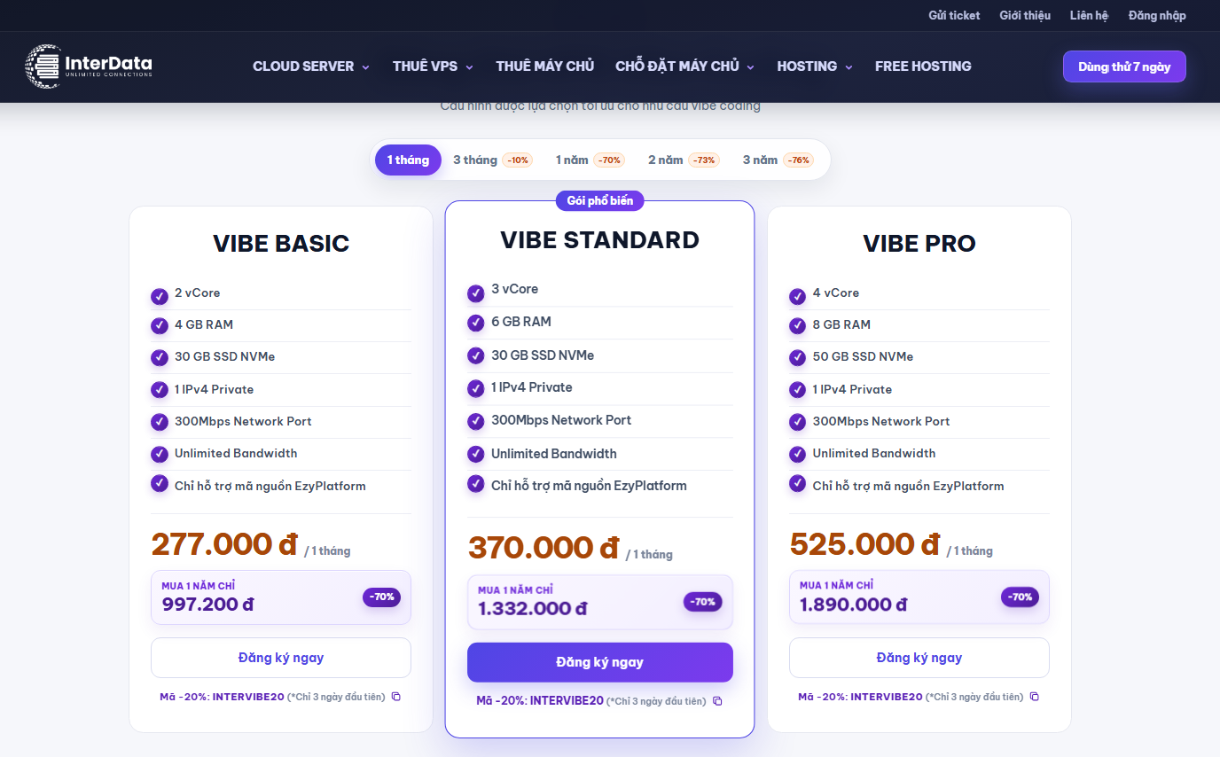 EzyPlatform Là Gì? Mảnh Ghép Biến Vibe Code Thành Sản Phẩm Vận Hành Thật 4 Bảng giá thuê VPS Vibe Coding tại InterData