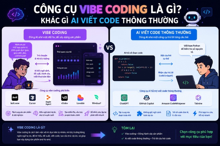 Công Cụ Vibe Coding Là Gì? Top 6 Công Cụ Tốt Nhất 2026 Và Cách Chọn Đúng 1 Công cụ Vibe Coding khác gì AI viết code thông thường