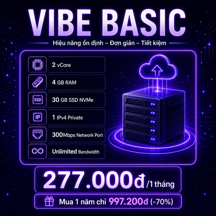 InterData ra mắt VPS Vibe Coding: Tích Hợp EzyPlatform, Từ Ý Tưởng Đến Sản Phẩm Chạy Thật 2 Gói VPS Vibe Coding Basic