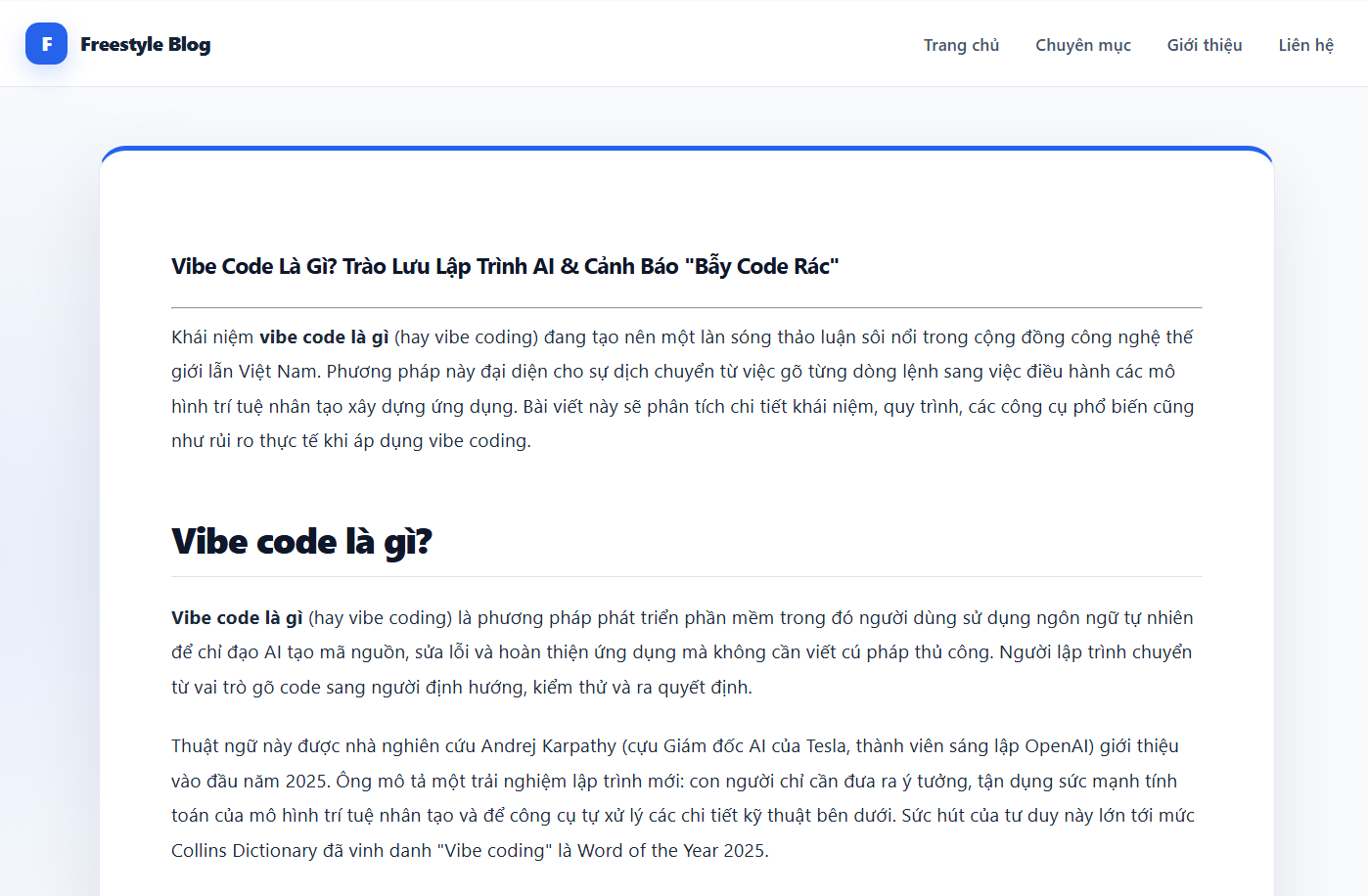 Hướng Dẫn Vibe Coding Blog Có CMS Với EzyPlatform - Cách Tạo Blog Bằng AI 10 Giao diện blog post sau khi publish