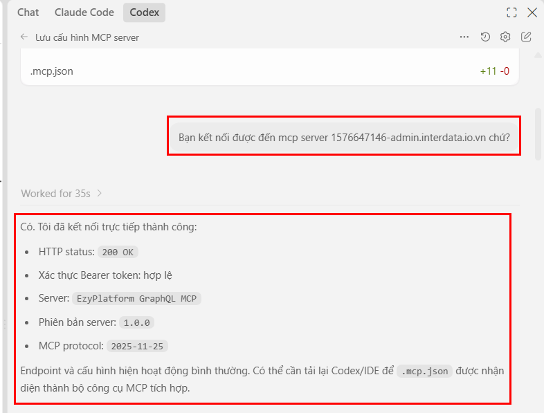 Kiểm tra kết nối MCP Server EzyPlatform