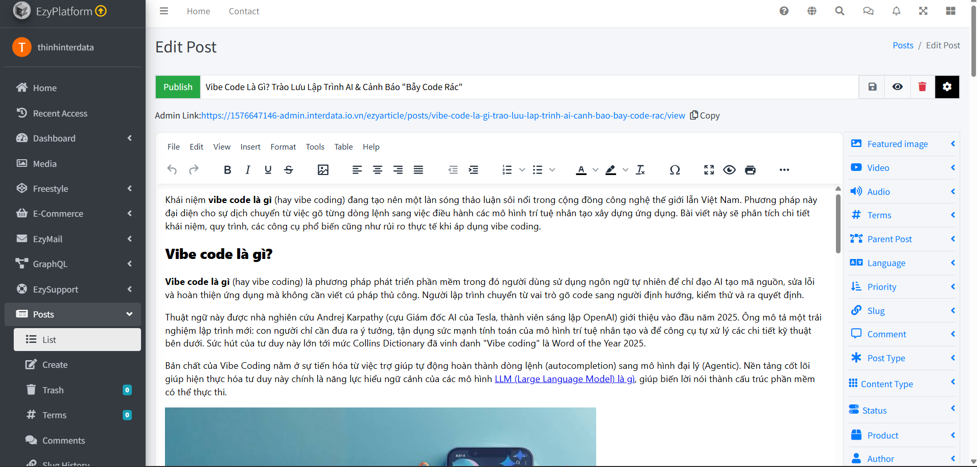 Hướng Dẫn Vibe Coding Blog Có CMS Với EzyPlatform - Cách Tạo Blog Bằng AI 9 Tạo blog post trên EzyPlatform