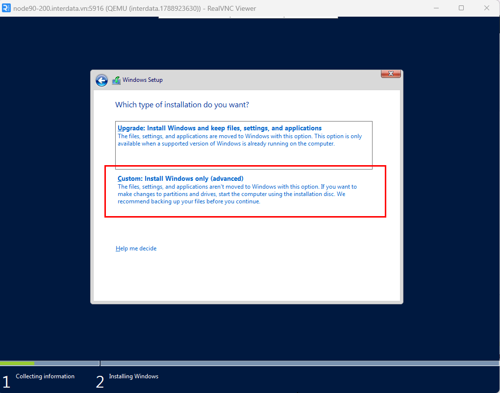 Hướng Dẫn Cách Thêm File ISO Lên VPS - Tạo ISO URL Trực Tiếp 18 Chọn Custom để cài mới Windows Server trên VPS