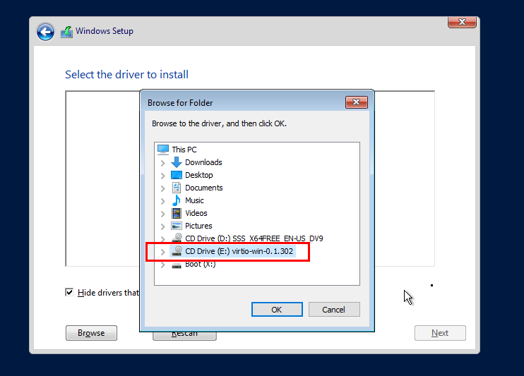 Hướng Dẫn Cách Thêm File ISO Lên VPS - Tạo ISO URL Trực Tiếp 21 Chọn ổ CD-ROM chứa bộ driver VirtIO dành cho Windows