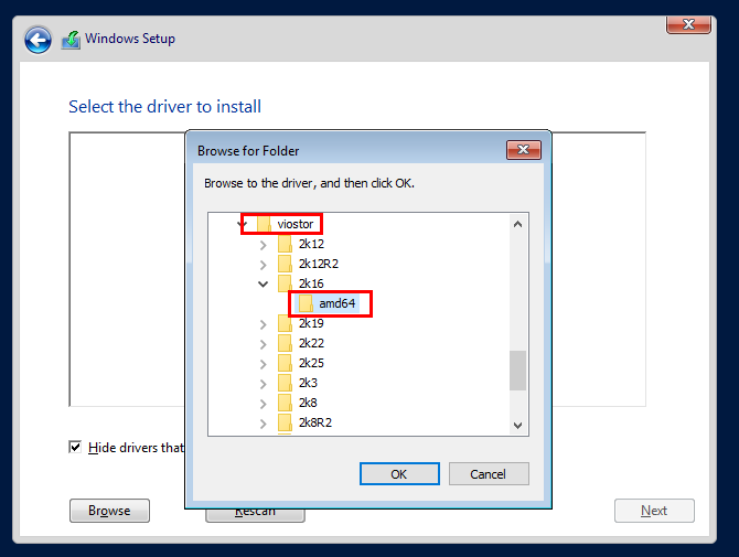 Hướng Dẫn Cách Thêm File ISO Lên VPS - Tạo ISO URL Trực Tiếp 22 Chọn thư mục driver viostor cho Windows Server 2016 64-bit