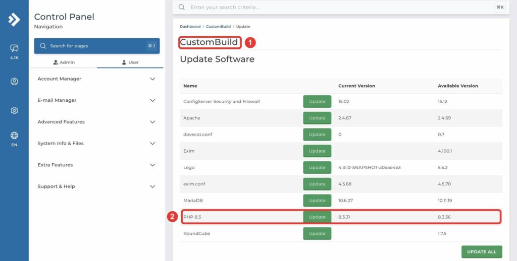 cập nhật PHP trên DirectAdmin